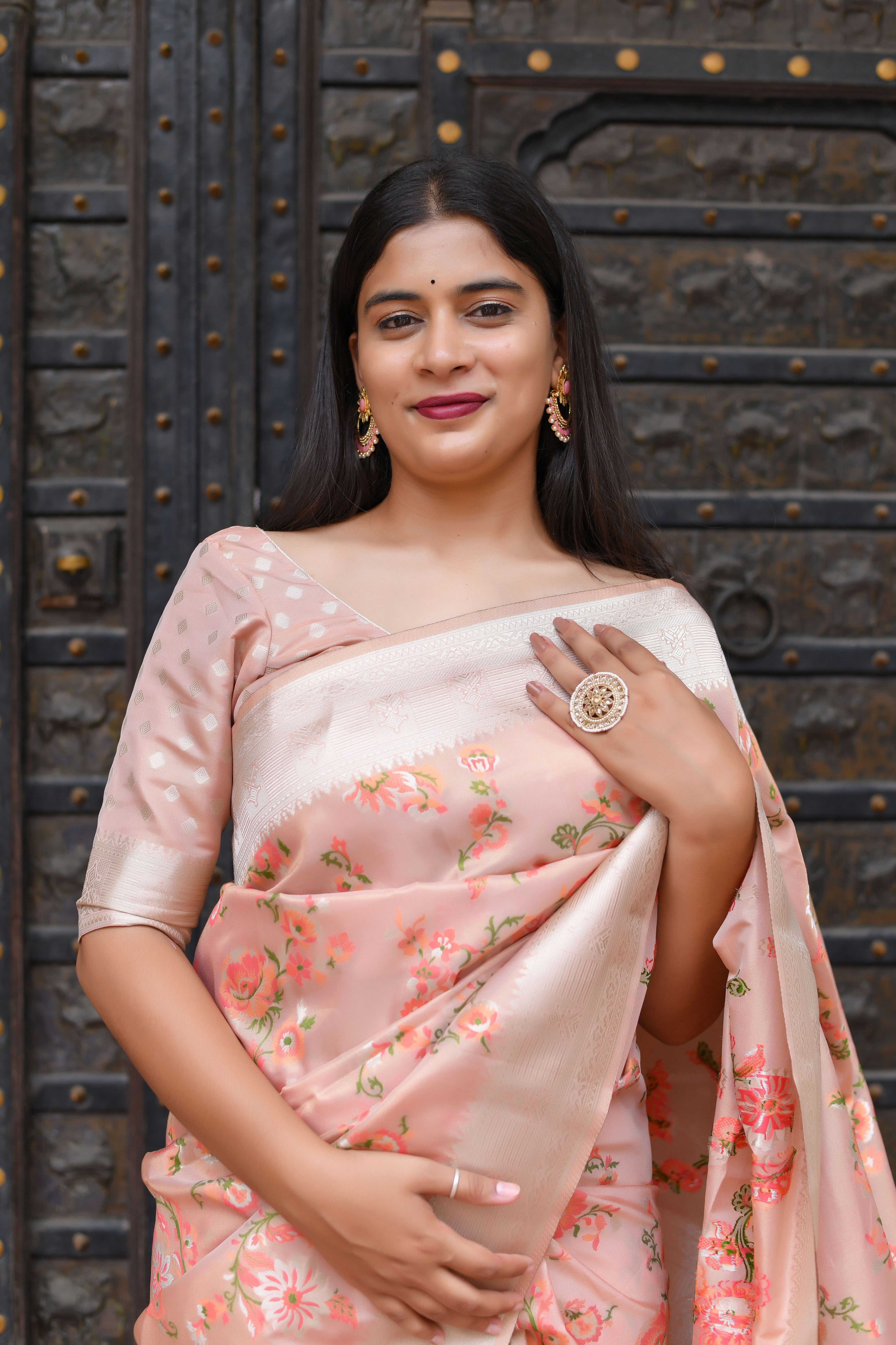 Kavvya Peach Soft & Lightweight Tissue Silk Weaving Saree In Beautiful Floral Jaal Weaving In Silver & Color Thread, Gorgeous Pallu Border - KAVVYA 