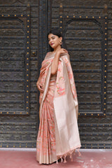 Kavvya Peach Soft & Lightweight Tissue Silk Weaving Saree In Beautiful Floral Jaal Weaving In Silver & Color Thread, Gorgeous Pallu Border - KAVVYA 