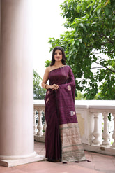 KAVVYA SOFT & LIGHT WEIGHT WINE HANDLOON TUSSAR SAREE WITH SMALL FLORAL MOTIFS IN THE SAREE COMES WITH CONTRAST COLOUR BORDER AND BLOUSE
