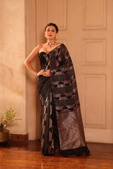 KAVVYA SOFT & LIGHT WEIGHT BLACK HANDLOOM WEAVING TUSSAR SILK SAREE WITH HALF N HALF CONCEPTE COMES WITH HEAVY PALLU NM BLOUSE