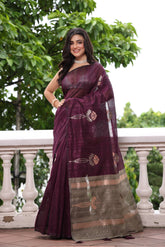 KAVVYA SOFT & LIGHT WEIGHT WINE HANDLOON WEAVING TUSSAR SAREE WITH BEAUTIFUL BIG FLORAL MOTIFS IN SILVER ZARI WITH CONTRAST PALLU AND BLOUSE