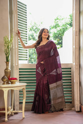 KAVVYA SOFT & LIGHT WEIGHT WINE HANDLOON WEAVING TUSSAR SAREE WITH BEAUTIFUL BIG FLORAL MOTIFS IN SILVER ZARI WITH CONTRAST PALLU AND BLOUSE