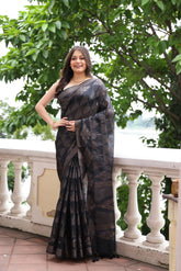 KAVVYA SOFT & LIGHT WEIGHT BLACK HANDLOOM TUSSAR SILK SAREE WITH BEAUTIFUL ABSTRACK TEMPLE MOTIF ALL OVER THE SAREE WITH HEAVY PALLU N BLOUSE