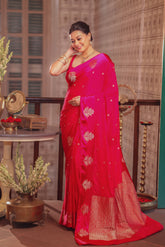 KAVVYA SOFT & LIGHT WEIGHT RANI CRAPE SAREE WITH SATIN BORDER AND BEAUTIFIL SILK ZARI WEAVING BORDER AND SMALL FLORAL MOTIFS ALL OVER THE SAREE AND BORDER COMES WITH SAME COLOUR WEAVED BLOUSE