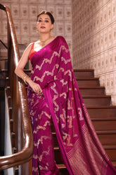KAVVYA SOFT & LIGHT WEIGHT WINE CRAPE SAREE WITH ALL OVER GOLDEN ZARI WEAVING COMES WITH SATIN BORDER AND BEAUTIFUL ZARI WEAVED BLOUSE