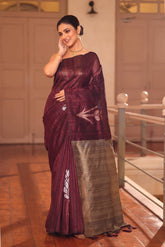 KAVVYA SOFT & LIGHT WEIGHT WINE HANDLOOM WEAVED SAREE WITH BRONZE FLORAL MOTIF ALL OVER THE SAREE WITH CONTRAST OLIVE GREEN PALLU AND BLOUSE