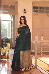 KAVVYA SOFT & LIGHT WEIGHT BOTTLE GREE HANDLOON TUSSAR SILK SAREE WITH BEAUTIFUL ROSE MOTIFS IN THE BODY COMES WITH CONTRAST PALLU N BLOUSE