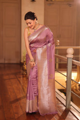 KAVVYA SOFT & LIGHT WEIGHT LAVENDER SILK SAREE WITH BEAUTIFUL PALM TREE MOTIFS ON THE SAREE WITH SMALL ZARI BORDER COMES WITH HEAVY WEAVED BLOUSE