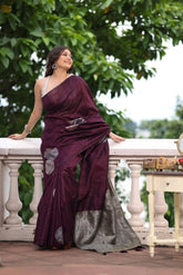 KAVVYA SOFT & LIGHT WEIGHT WINE HANDLOON TUSSAR SILK SAREE WITH BEAUTIFUL GEOMETRIC ROUND MOTIFS IN THE BODY COMES WITH CONTRAST PALLU N BLOUSE