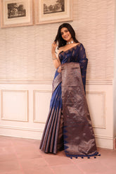 KAVVYA SOFT & LIGHT WEIGHT NEVY BLUE HANDLOOM SAREE WITH BIG TEMPLE DESIGN BORDER AND SMALL GEOMETRIC MOTIFS IN THE BODY COMES WITH SAME COLOUR HEAVY WEAVED BLOUSE
