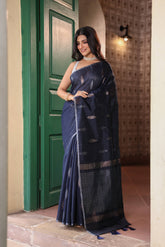 KAVVYA SOFT & LIGHT WEIGHT NAVY BLUE HANDLOOM TUSSAR SAREE WITH SMALL GOLDEN N SILVER ZARI LEAF MOTIFS ALLOVER THE SAREE COMES WITH HEAVY PALLU AND SAME COLOUR BLOUSE