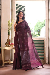 KAVVYA SOFT & LIGHT WEIGHT WINE HANDLOOM WEAVED TUSSAR SAREE WITH BEAUTIFUL MOTIF ALLOVER THE SAREE IN SILVER AND GOLDEN ZARI COMES WITH SAME COLOUR BLOUSE