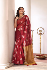KAVVYA SOFT & LIGHT WEIGHT MAROON HANDLOOM SAREE WITH FLORAL WEAVES IN BODY WITH CONTRAST MUSTARD HEAVY PALLU N BLOUSE