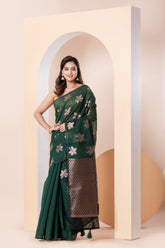 KAVVYA SOFT & LIGHT WEIGHT GREEN HANDLOOM WEAVED SAREE WITH BEAUTIFUL BIG FLORAL MOTIFS ALL OVER THE SAREE