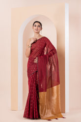 KAVVYA SOFT & LIGHT WEIGHT RED HANDLOOM GOLDEN ZARI WEAVING SAREE IN TUSSAR FABRIC WITH BEAUTIFUL SMALL FLORAL MOTIFS ALLOVER THE SAREE COMES WITH BEAUTIFUL BIG MOTIF IN PALLU