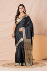 KAVVYA SOFT & LIGHT WEIGHT SILK BLACK SAREE WITH BEAUTIFUL WEAVES IN BORDER AND PALLU WITH MULTICOLOUR RESHAM COMES WITH HEAVY SILK BLOUSE WITH HEAVY WEAVES