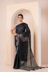 KAVVYA SOFT & LIGHT WEIGHT BLACK HANDLOON TUSSAR SILK SAREE WITH BEAUTIFUL GEOMETRIC ROUND MOTIFS IN THE BODY COMES WITH CONTRAST PALLU N BLOUSE