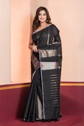 KAVVYA SOFT & LIGHT WEIGHT BLACK HANDLOOM ROSE GOLD ZARI WEAVING SAREE IN TUSSAR FABRIC WITH BIG TEMPLE MOTIFS ALLOVER THE SAREE