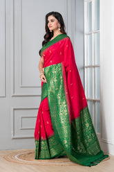 KAVVYA SOFT & LIGHT WEIGHT ROSE PINK SILK SAREE WITH CONTRAST GREEN BORDER