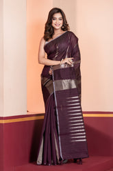 KAVVYA SOFT & LIGHT WEIGHT WINE HANDLOOM ROSE GOLD ZARI WEAVING SAREE IN TUSSAR FABRIC WITH BIG TEMPLE MOTIFS ALLOVER THE SAREE