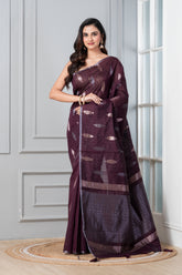 KAVVYA SOFT & LIGHT WEIGHT WINE HANDLOOM TUSSAR SAREE WITH SMALL GOLDEN N SILVER ZARI LEAF MOTIFS ALLOVER THE SAREE COMES WITH HEAVY PALLU AND SAME COLOUR BLOUSE