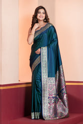 KAVVYA SOFT & LIGHT WEIGHT SILK BLUE SAREE WITH BEAUTIFUL WEAVES IN BORDER AND PALLU WITH MULTICOLOUR RESHAM COMES WITH HEAVY SILK BLOUSE WITH HEAVY WEAVES