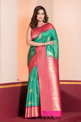 KAVVYA SOFT & LIGHT WEIGHT GREEN SILK SAREE WITH BEAUTIFUL BIRD MOTIFS COMES WITH CONTRAST RANI HEAVY WEAVING BORDER AND PALLU
