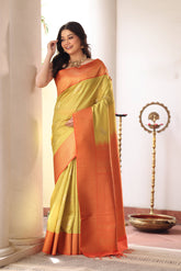 KAVVYA SOFT & LIGHT WEIGHT GREEN SILK SAREE WITH BEAUTIFUL BIRD MOTIFS COMES WITH CONTRAST ORANGE HEAVY WEAVING BORDER AND PALLU