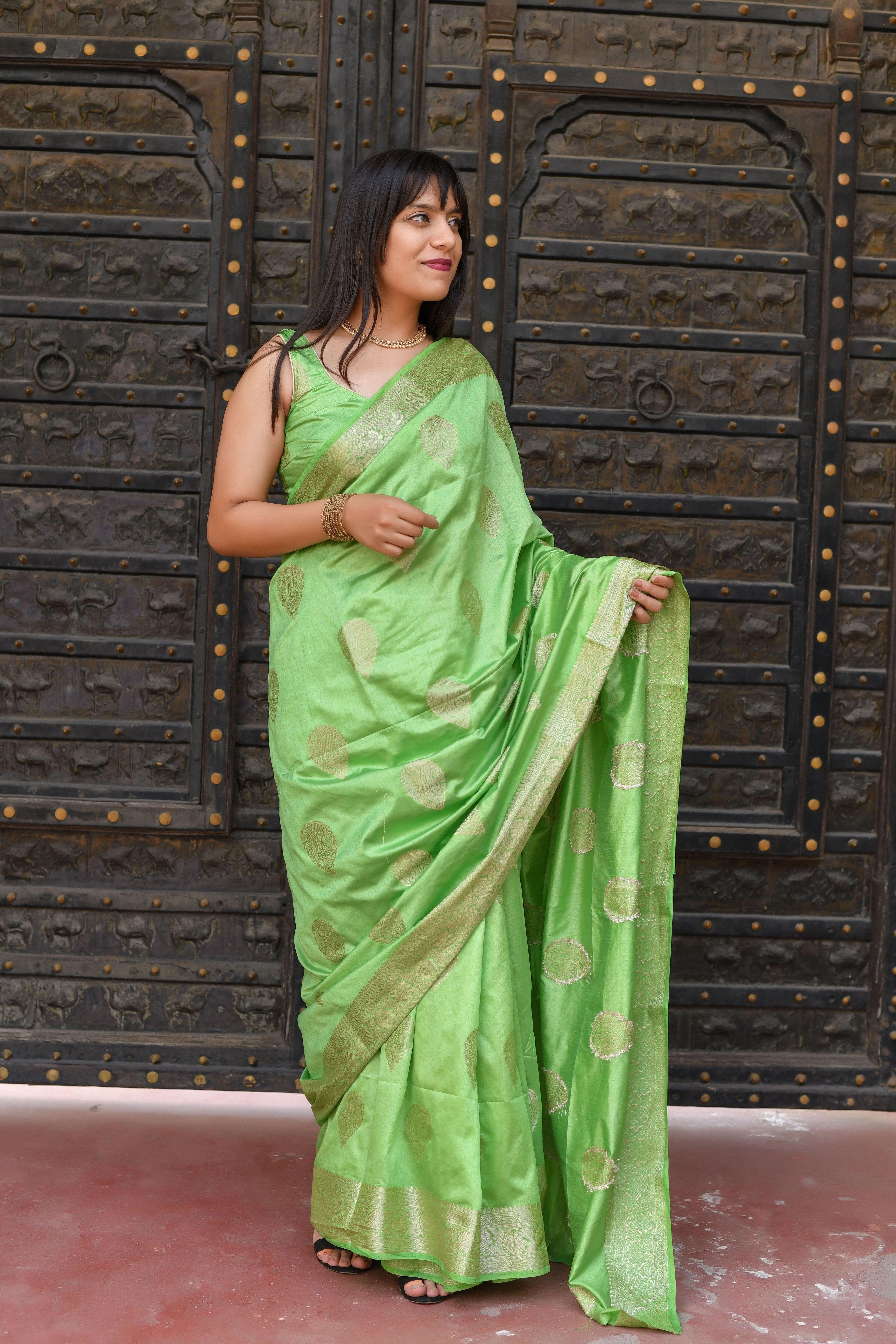 Kavvya Pista Green Soft & Lightweight Raw Silk Weaving Saree - KAVVYA 