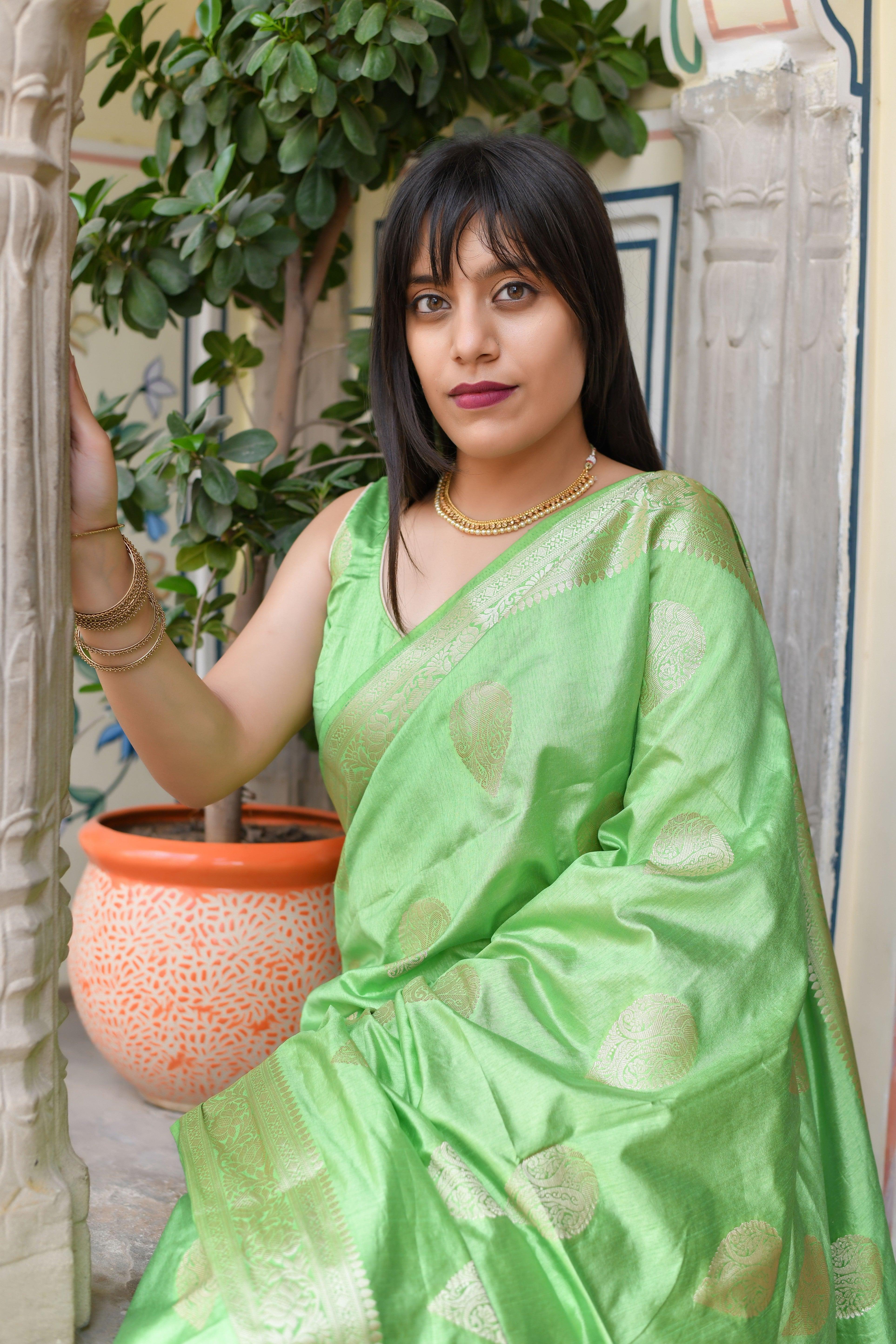 Kavvya Pista Green Soft & Lightweight Raw Silk Weaving Saree - KAVVYA 