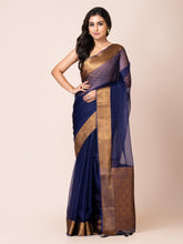 KAVVYA SOOTHING INDIGO BLUE SOFT AND LIGHT WEIGHT BOLLYWOOD STYLE BENARASI ORGANZA WEAVING SILK SAREE - KAVVYA