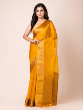 KAVVYA SOOTHING INDIAN YELLOW SOFT AND LIGHT WEIGHT BOLLYWOOD STYLE BENARASI ORGANZA WEAVING SILK SAREE - KAVVYA
