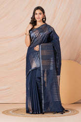 KAVVYA SOFT & LIGHT WEIGHT NAVY BLUE HANDLOOM ROSE GOLD ZARI WEAVING SAREE IN TUSSAR FABRIC WITH BIG TEMPLE MOTIFS ALLOVER THE SAREE