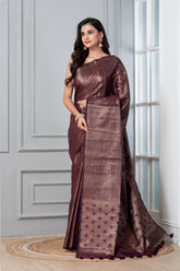 KAVVYA SOFT & LIGHT WEIGHT WINE HANDLOOM SILK GOLDEN ZARI WEAVING SAREE IN TUSSAR FABRIC WITH BEAUTIFUL GEOMETRIC DESIGN ALLOVER THE SAREE COMES WITH BEAUTIFUL WINE HEAVY WEAVING BLOUSE
