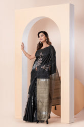 KAVVYA SOFT & LIGHT WEIGHT BOTTLE GREEN HANDLOOM WEAVED SAREE WITH BRONZE FLORAL MOTIF ALL OVER THE SAREE WITH CONTRAST OLIVE GREEN PALLU AND BLOUSE