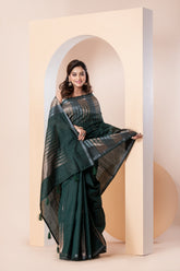 KAVVYA SOFT & LIGHT WEIGHT DARK GREEN HANDLOOM ROSE GOLD ZARI WEAVING SAREE IN TUSSAR FABRIC WITH BIG TEMPLE MOTIFS ALLOVER THE SAREE