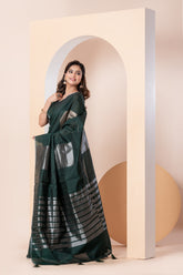 KAVVYA SOFT & LIGHT WEIGHT DARK GREEN HANDLOOM WEAVED TUSSAR SAREE WITH BEAUTIFUL GEMOTRIC FIGURES IN THE SAREE SAME COLOUR BLOUSE AND HEAVY PALLU