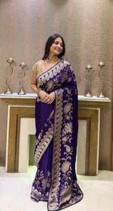 Premium Purple saree adorned with intricate gold floral patterns