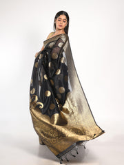 Kavvya Black Soft & Lightweight Kora Organza Weaving Silk Saree - KAVVYA 