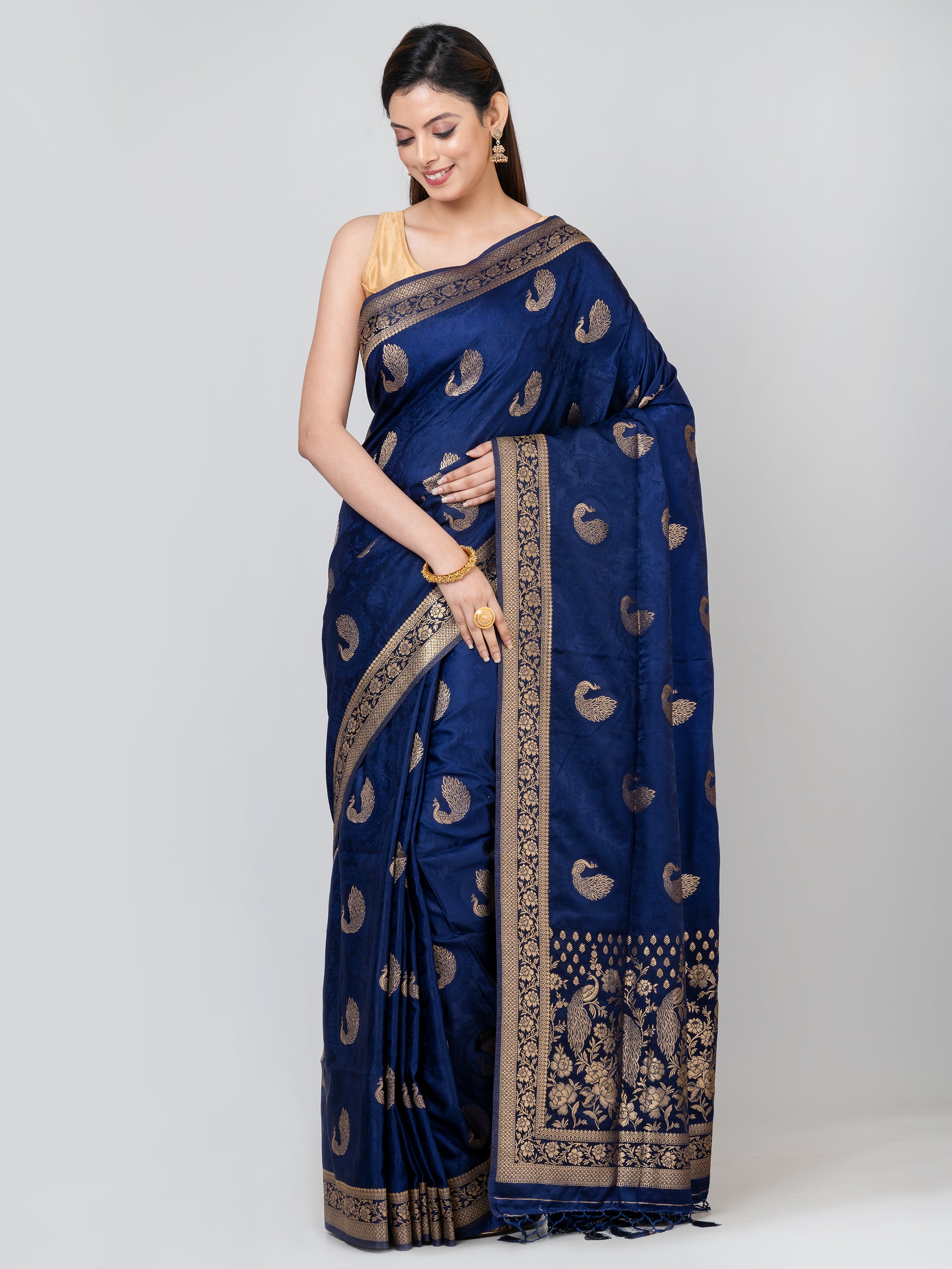 Kavya Soft & Lightweight Indigo Blue Satin Gajji Silk Weaving Saree - KAVVYA 