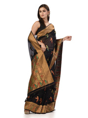 Kavvya Black Soft & Lightweight Kora Organza Weaving Silk Saree In Golden Zari & Multicolor Meena Weaving - KAVVYA 