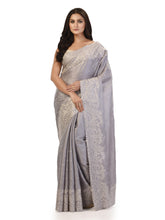 Kavvya Gray Soft & Lightweight Tussar Silk Saree With White Resham Work,Scallap Border Body Butty. - KAVVYA