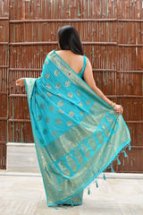 Kavvya Firozi Blue Soft & Lightweight Sericin Silk Weaving Saree - KAVVYA 