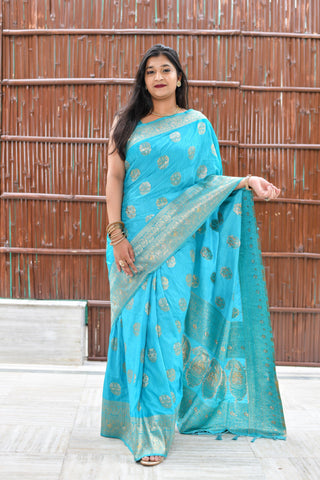 Kavvya Firozi Blue Soft & Lightweight Sericin Silk Weaving Saree - KAVVYA 