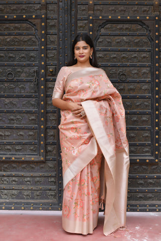 Kavvya Peach Soft & Lightweight Tissue Silk Weaving Saree In Beautiful Floral Jaal Weaving In Silver & Color Thread, Gorgeous Pallu Border - KAVVYA 