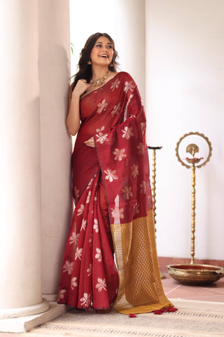 KAVVYA SOFT & LIGHT WEIGHT MAROON HANDLOOM SAREE WITH FLORAL WEAVES IN BODY WITH CONTRAST MUSTARD HEAVY PALLU N BLOUSE