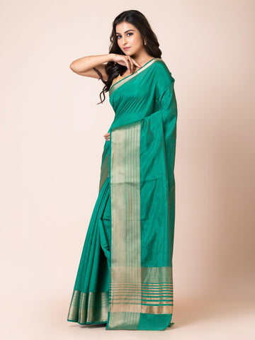 KAVVYA SOOTHING BOTTLE GREEN SOFT & LIGHT WEIGHT CELEBRITY THEME WEAVING SILK SAREE - KAVVYA 