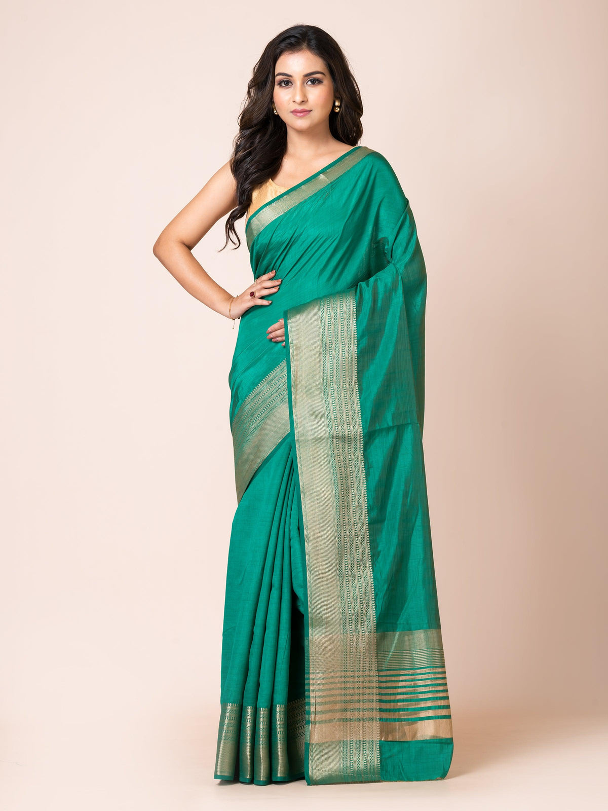 KAVVYA SOOTHING BOTTLE GREEN SOFT & LIGHT WEIGHT CELEBRITY THEME WEAVING SILK SAREE - KAVVYA 