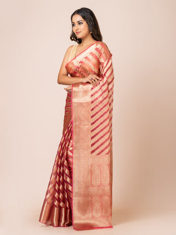 KAVVYA  SOFT & LIGHT WEIGHT PINK ORGANZA SILK WEAVING SAREE