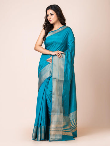 KAVVYA SOOTHING PEACOCK BLUE SOFT & LIGHT WEIGHT CELEBRITY THEME WEAVING SILK SAREE - KAVVYA 